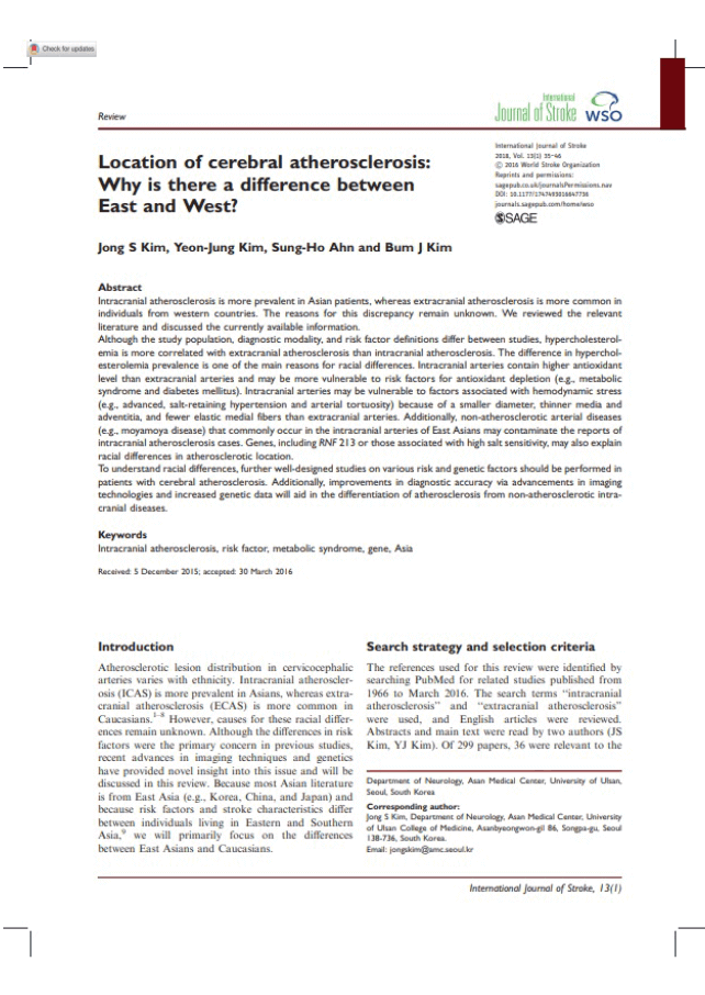 뇌 동맥경화의 위치: 동서양 간 차이가 존재하는 이유는?